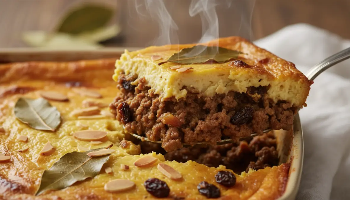 Traditional bobotie with spiced mince, raisins and creamy custard topping