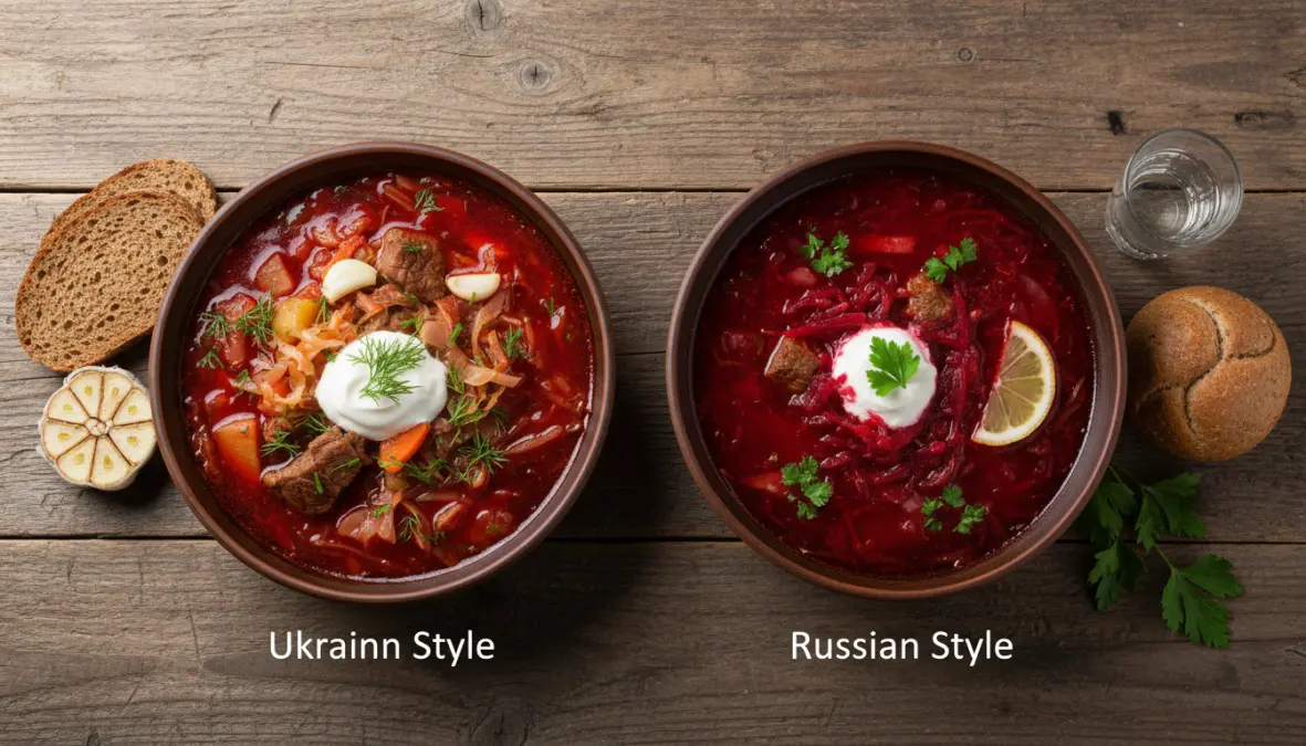 Comparison between Ukrainian borscht and Russian borscht tradition showing regional variations
