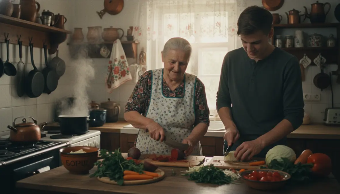 Traditional borscht preparation showing cultural heritage transmission in Eastern European family kitchen