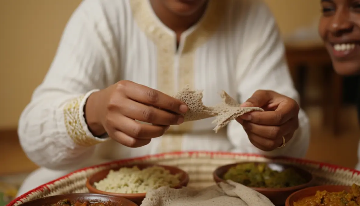 Ethiopian gursha feeding tradition with injera showcasing Ethiopian dining customs