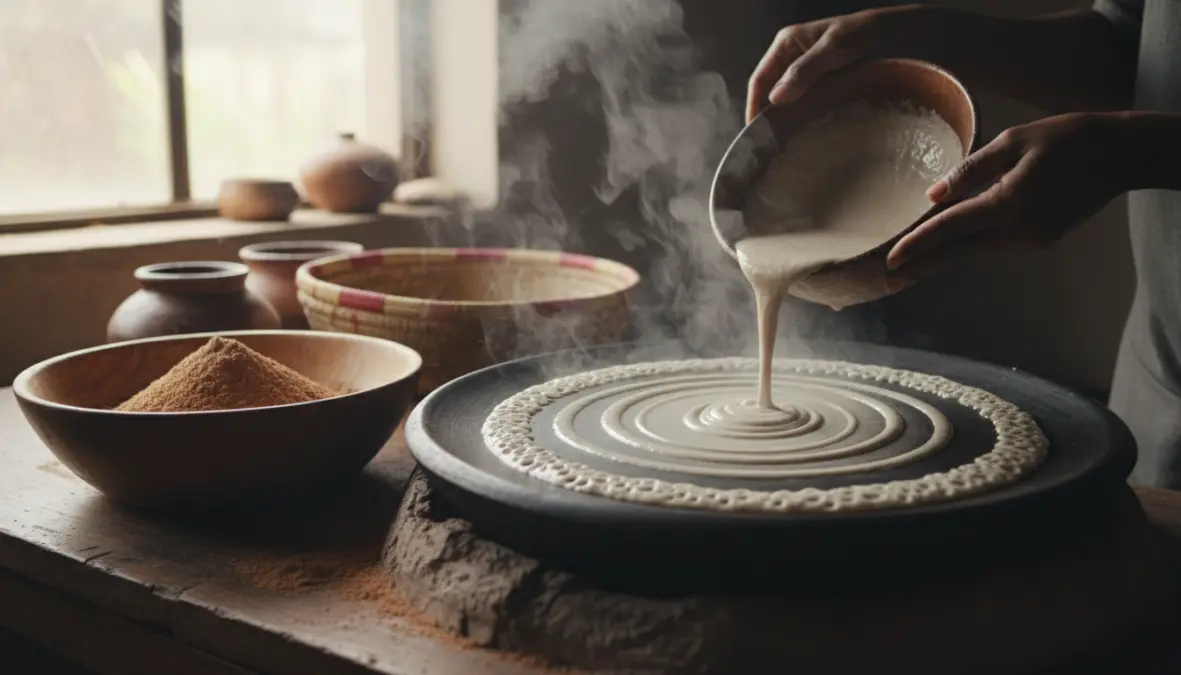 Injera making process on traditional mitad griddle showing teff flour flatbread cooking technique
