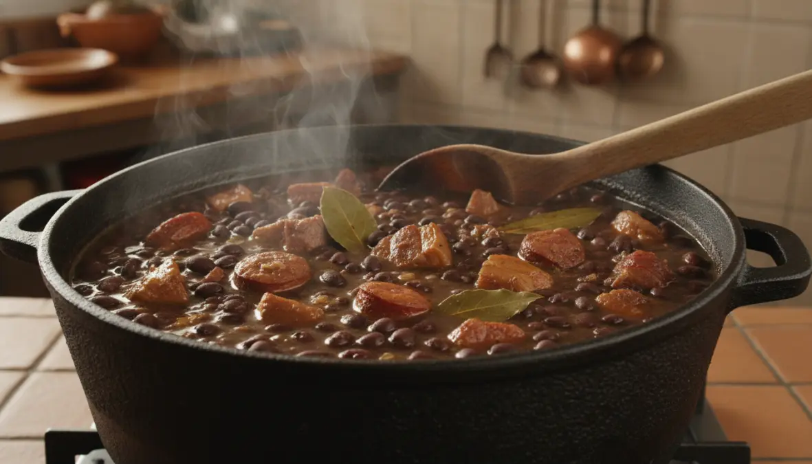 Traditional feijoada ingredients cooking slowly in pot showing black beans and pork cuts