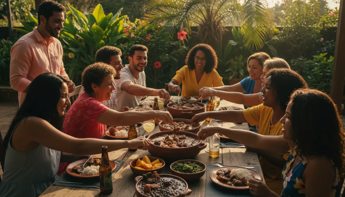 Brazilian family and friends sharing traditional feijoada saturday meal in Rio de Janeiro