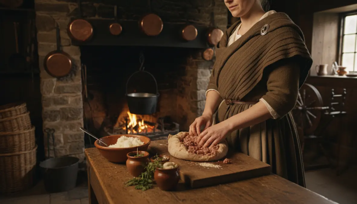 Historical preparation of haggis in traditional Scottish Highland kitchen showing haggis history scotland