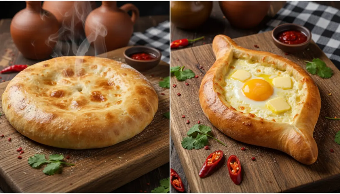 Imeruli and Adjarian khachapuri varieties showing traditional Georgian cheese bread styles