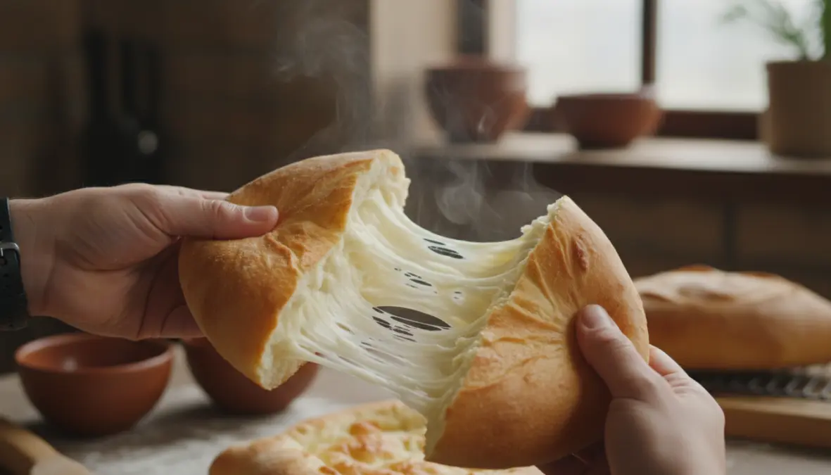 Making traditional khachapuri at home with stretchy Georgian cheese filling