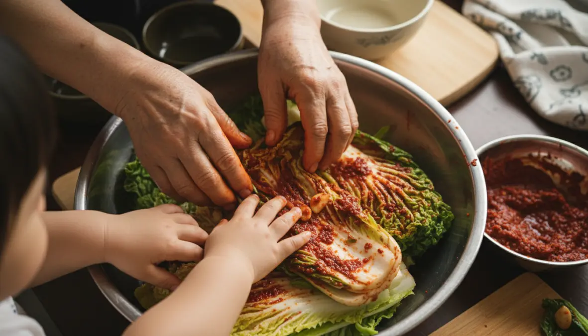 Korean grandmother teaching child traditional kimchi making during kimjang, showing intergenerational cultural transmission