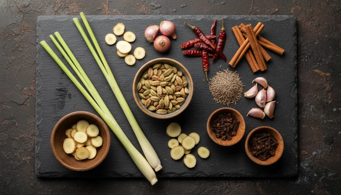 Traditional massaman curry spices including cardamom and cinnamon showing unique ingredients