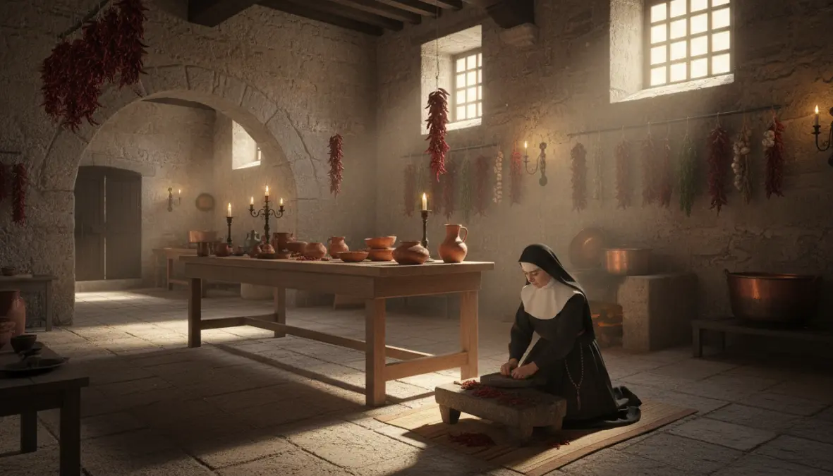 Colonial convent kitchen in Puebla depicting the mole poblano origin legend and traditional preparation methods