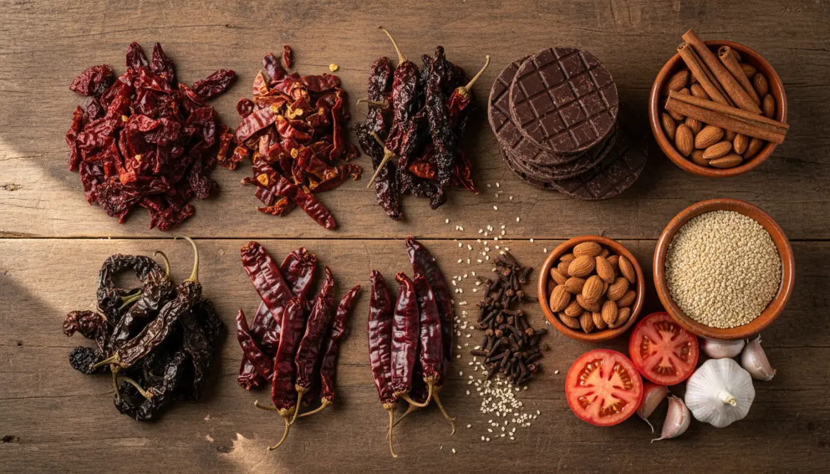Complete array of traditional mole poblano ingredients showing cultural fusion of indigenous and Spanish elements