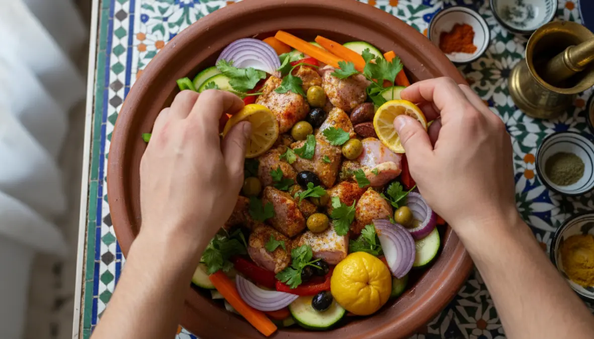 Preparing authentic tagine recipe with traditional ingredients in tagine clay pot