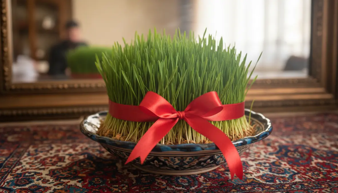 Sabzeh wheat grass sprouts in decorative dish, essential item for Haft Sin table setup