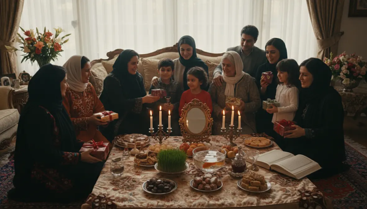 Family celebrating Nowruz around their Haft Sin table during Persian New Year traditions