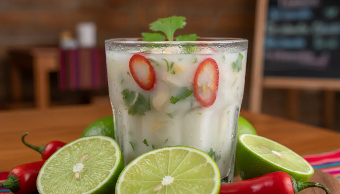 Leche de tigre marinade used in traditional Peruvian ceviche preparation with lime and aji peppers