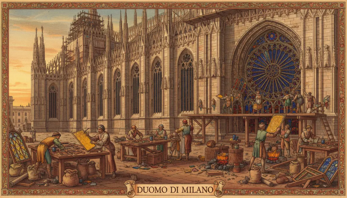 Milan Duomo stained glass construction connected to risotto milanese origin legend