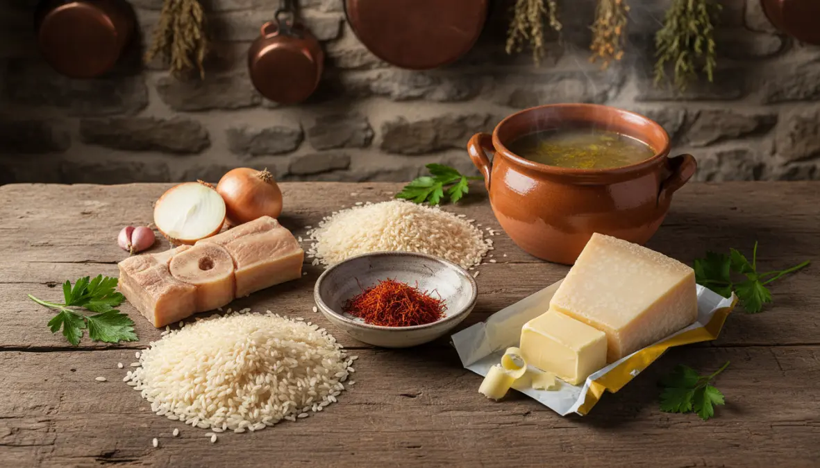 Traditional ingredients for authentic risotto milanese including saffron and carnaroli rice