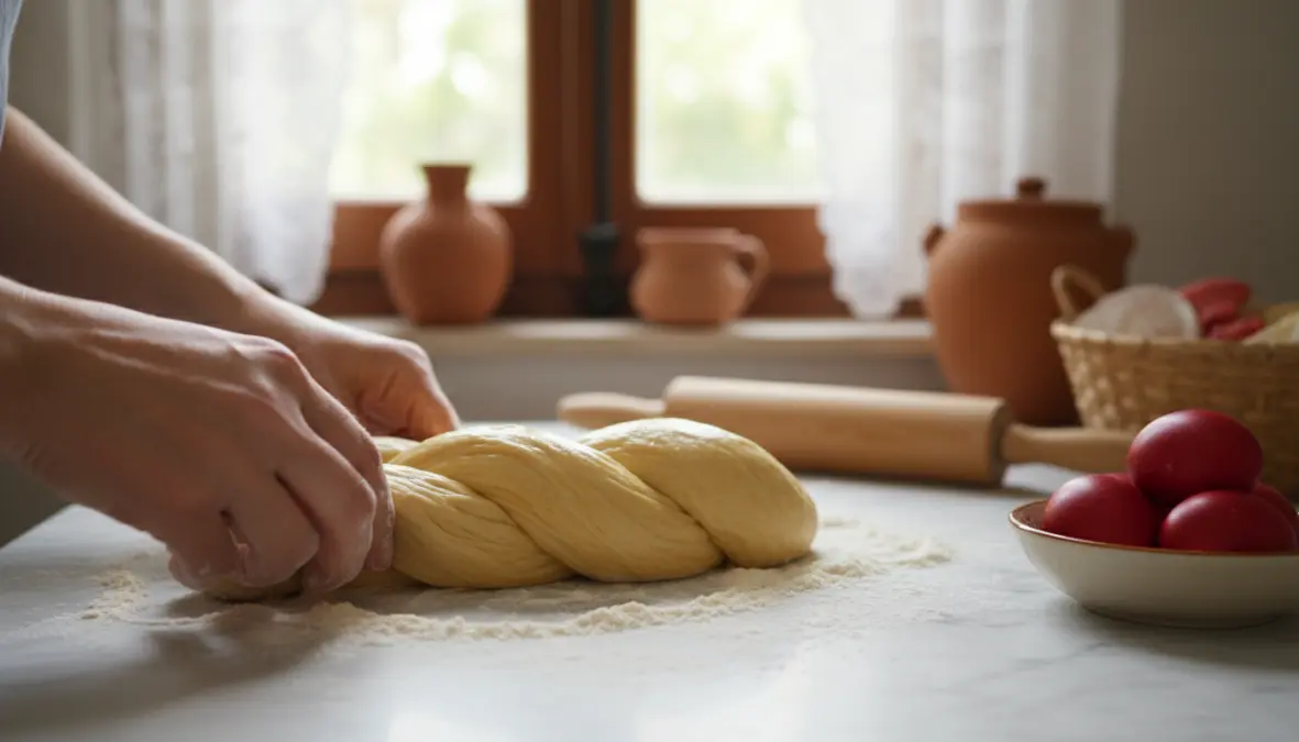 Hands braiding traditional Greek tsoureki Easter bread dough with red eggs for sacred Easter baking