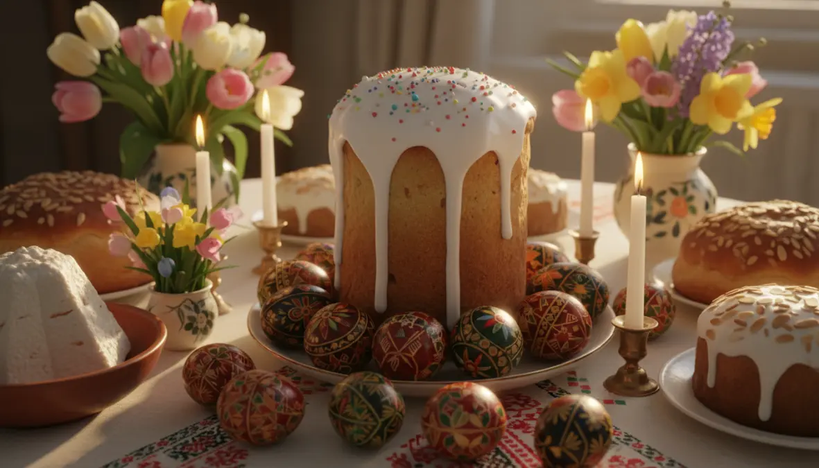Russian kulich Easter bread and traditional European Easter breads on festive holiday table with decorated eggs