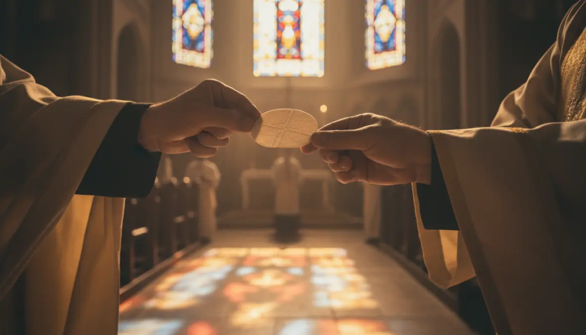 Hands breaking communion bread showing bread religious significance in Christian ceremony