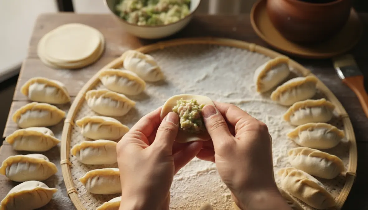 Traditional dumpling making showing authentic folding technique demonstrating dumpling origins and history