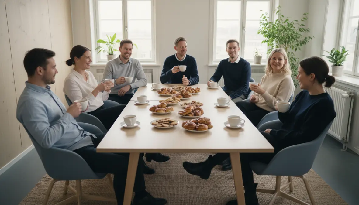 Swedish workplace culture fika break with colleagues sharing coffee together
