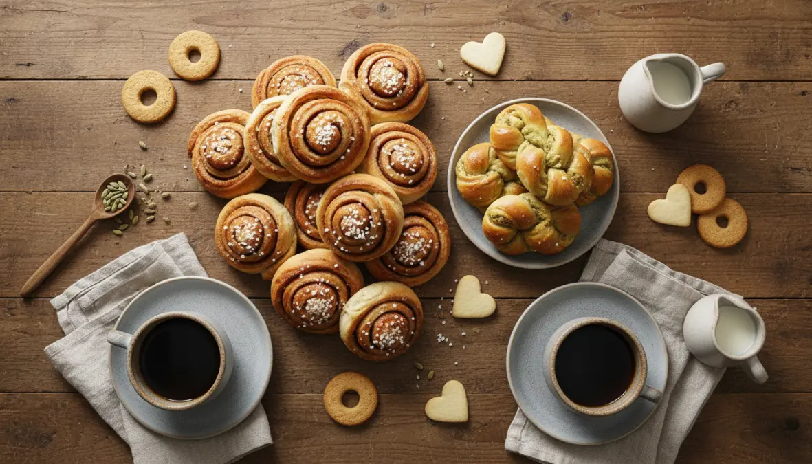 Traditional Swedish fika pastries including kanelbullar cinnamon buns and coffee