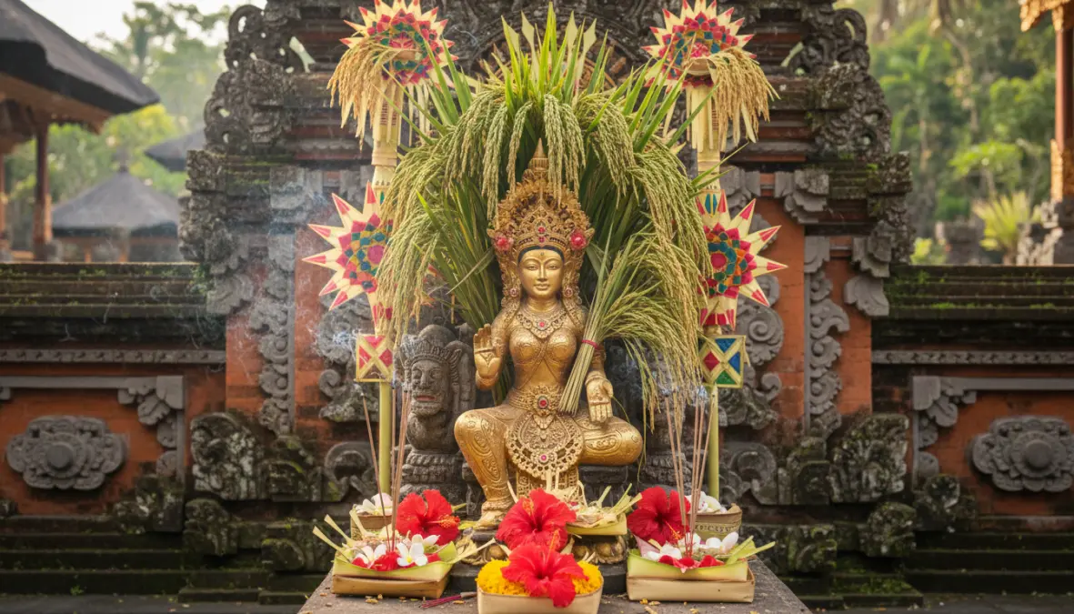 Rice deity worship shrine in Asia showing traditional offerings and spiritual symbols of rice goddess