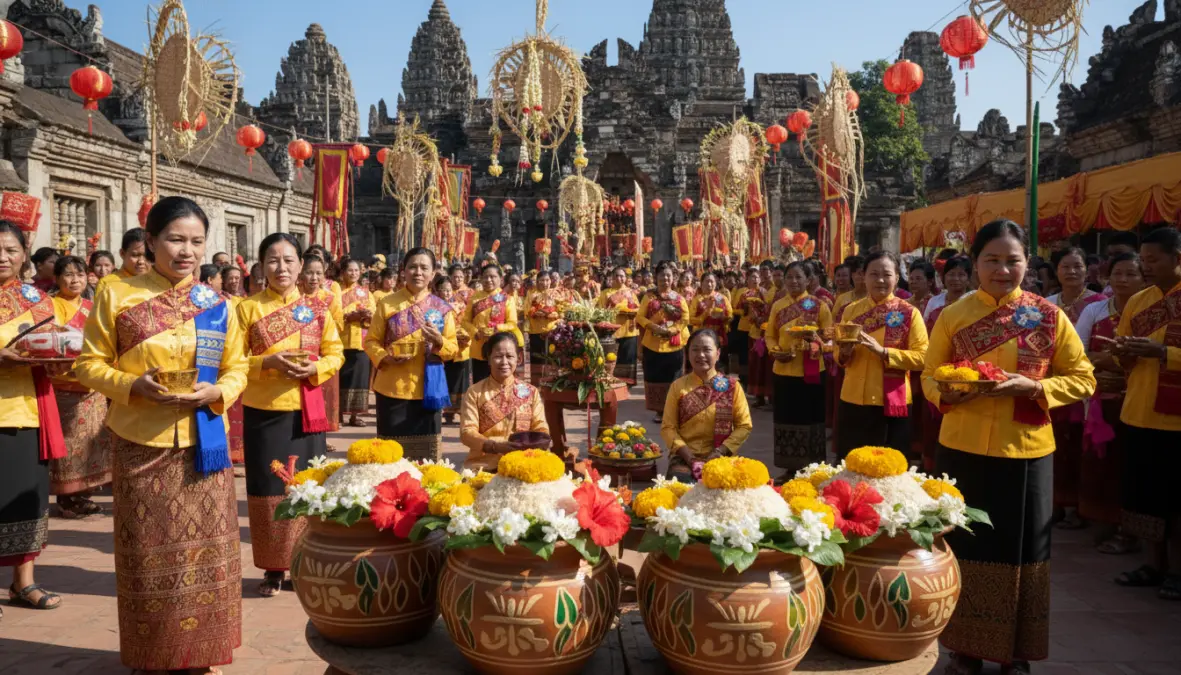 Traditional Asian rice harvest festival showing sacred ceremonies and community celebrations honoring rice cultural significance