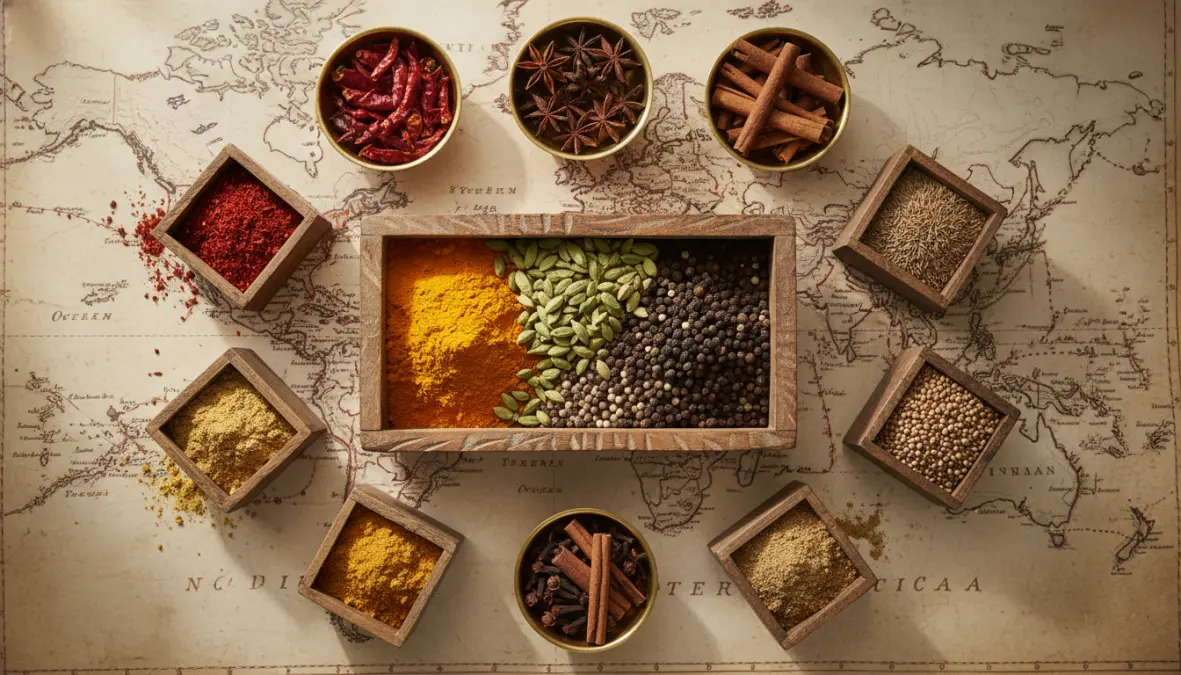 Traditional curry spices from Malabar Coast showing turmeric, pepper and cardamom used in ancient spice trade