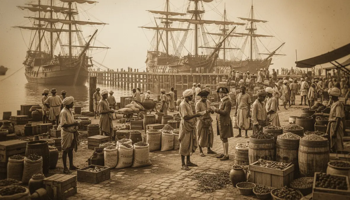 Colonial spice trade port showing East India Company merchants and curry spice exchange