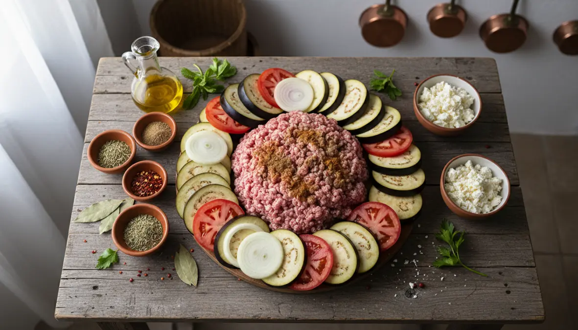 Traditional Mediterranean ingredients for moussaka recipe showing Ottoman influence and Greek culinary heritage