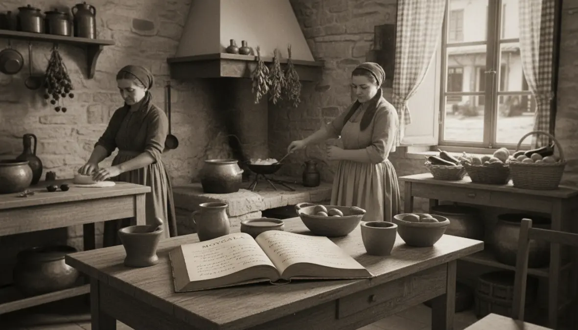 Vintage Greek kitchen scene representing moussaka recipe history and Tselementes era transformation