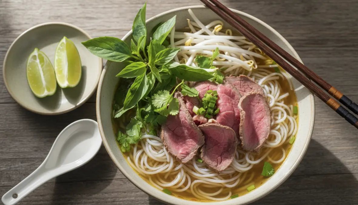 Authentic Vietnamese pho bo with fresh herbs, bone broth and rice noodles in traditional bowl