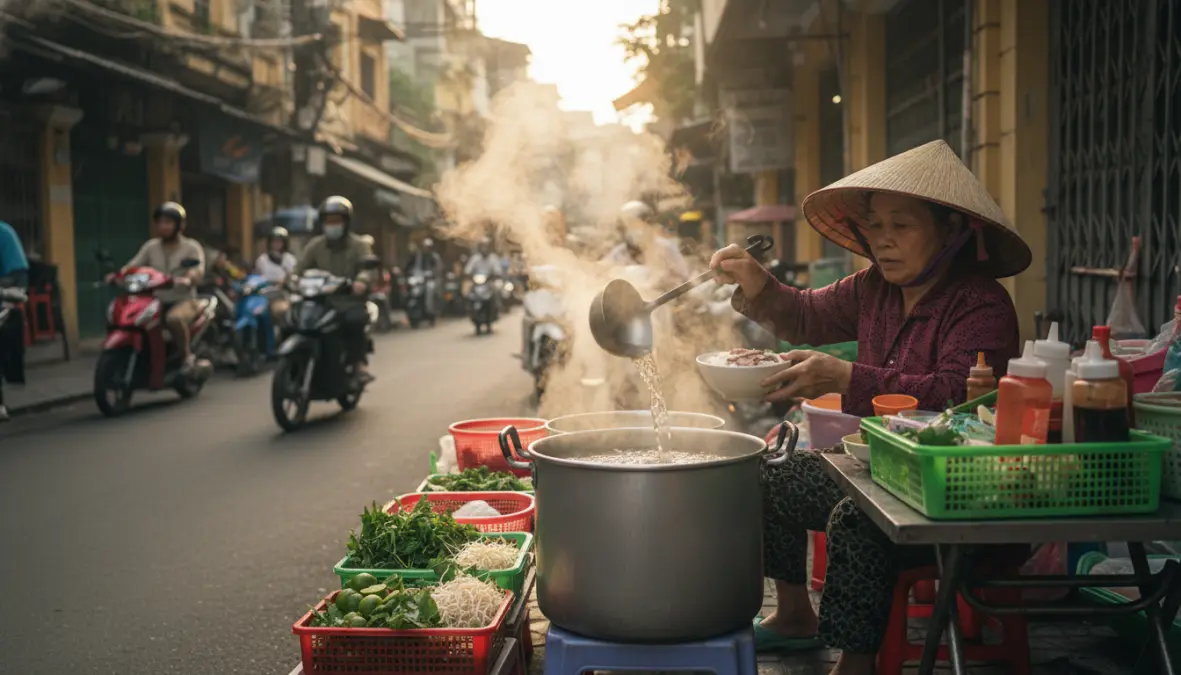 Vietnamese street vendor preparing traditional pho at morning sidewalk stall in Hanoi