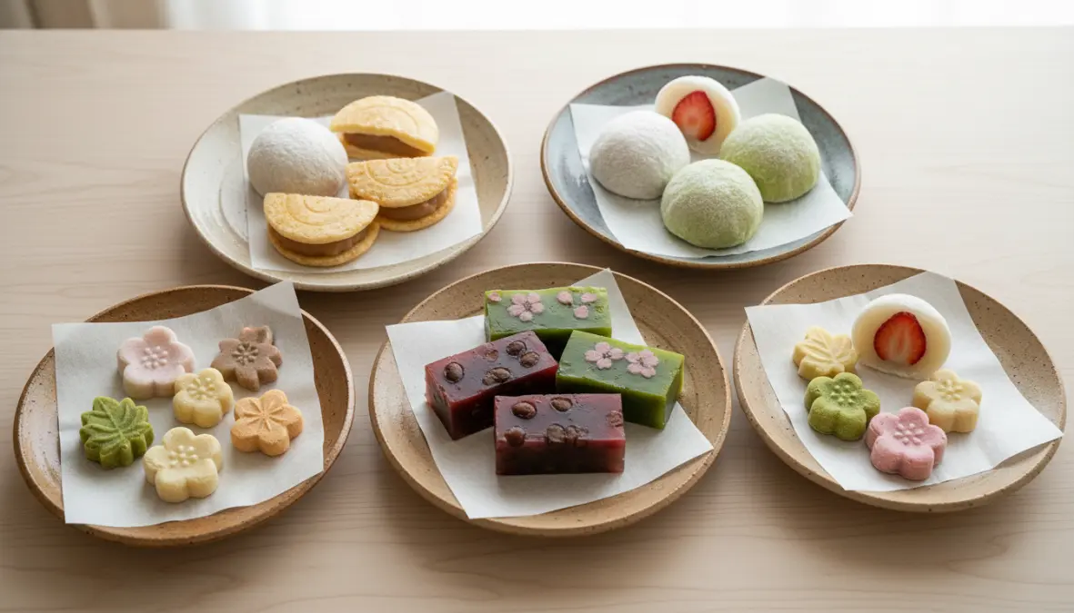 Variety of traditional wagashi confections including mochi and anko red bean paste sweets