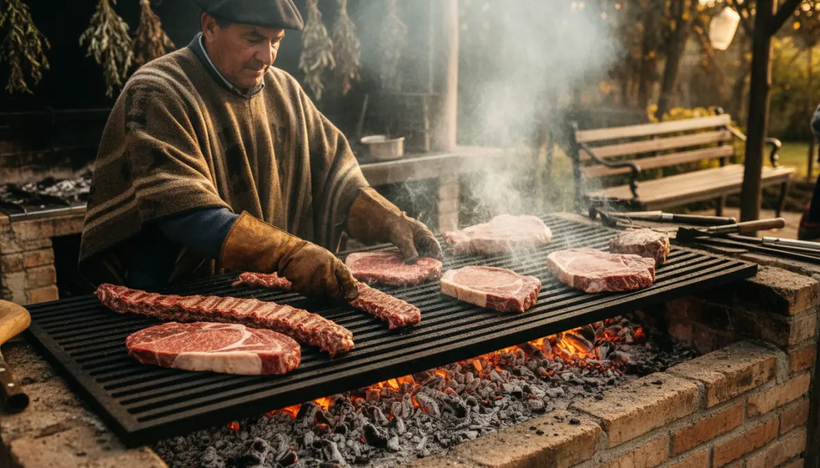 Argentine asador grillmaster preparing traditional asado meat cuts on parrilla grill