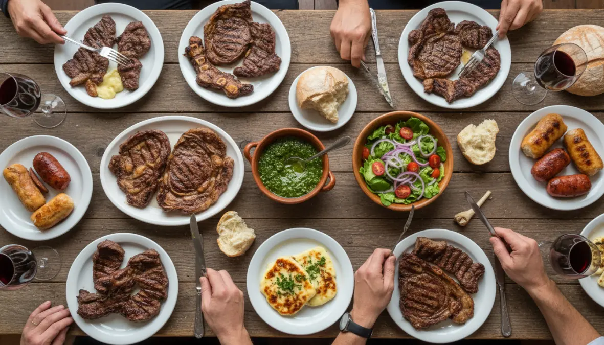 Argentine asado meal with traditional meats, chimichurri sauce, and wine for social gathering