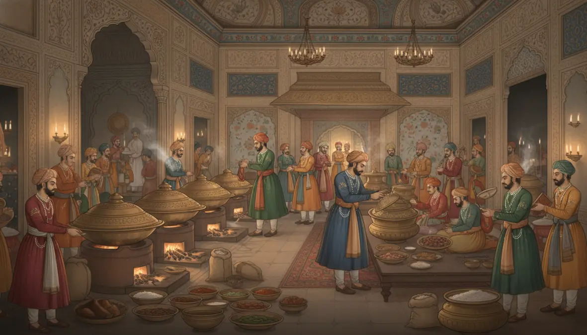 Mughal royal kitchen preparing traditional biryani using ancient dum pukht cooking technique