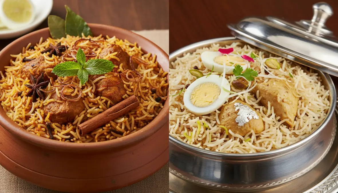 Comparison of Hyderabadi and Lucknowi biryani showing difference between regional Indian biryani styles