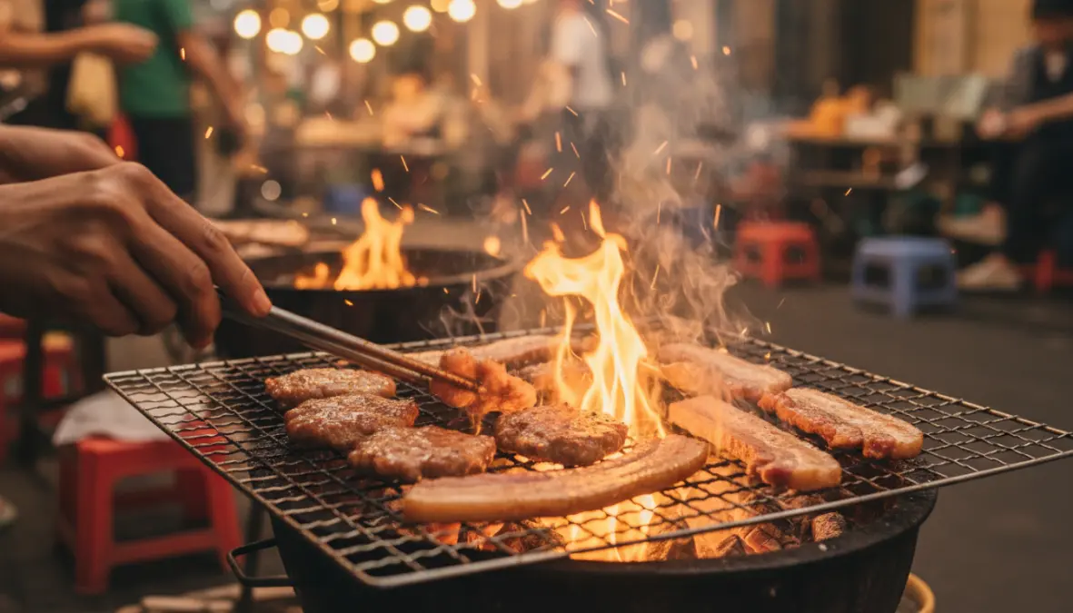 Vietnamese grilled pork being cooked over charcoal for authentic bun cha Hanoi