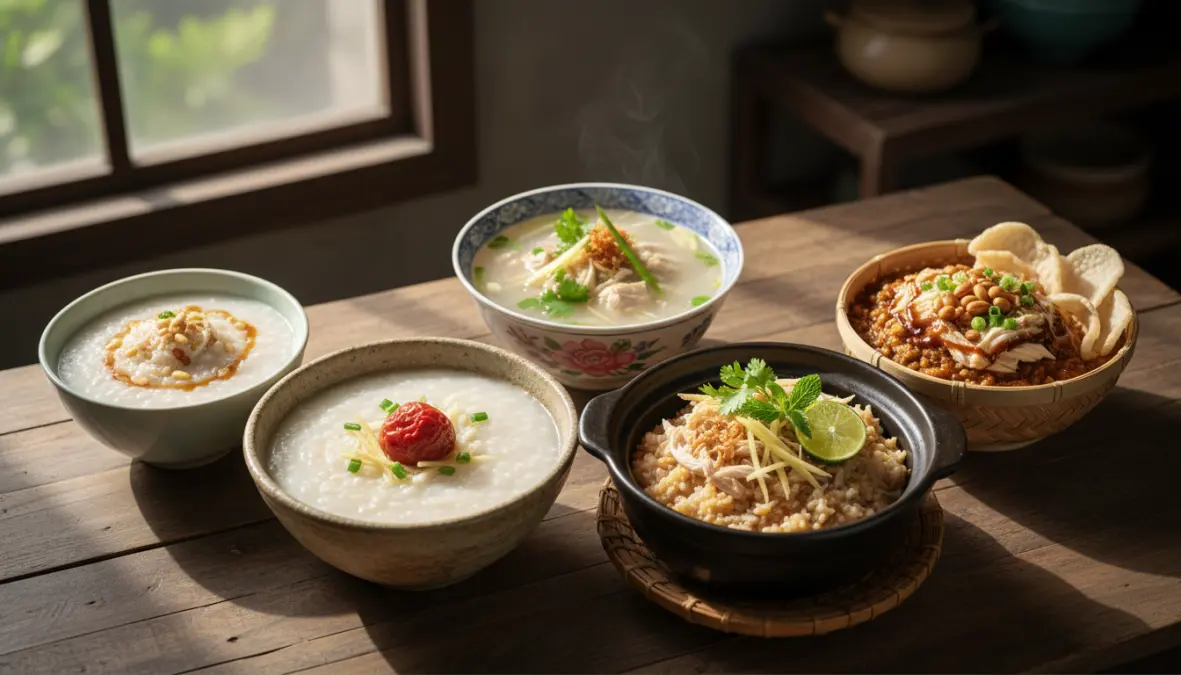 Various regional Asian congee traditions showing traditional congee recipes from different countries