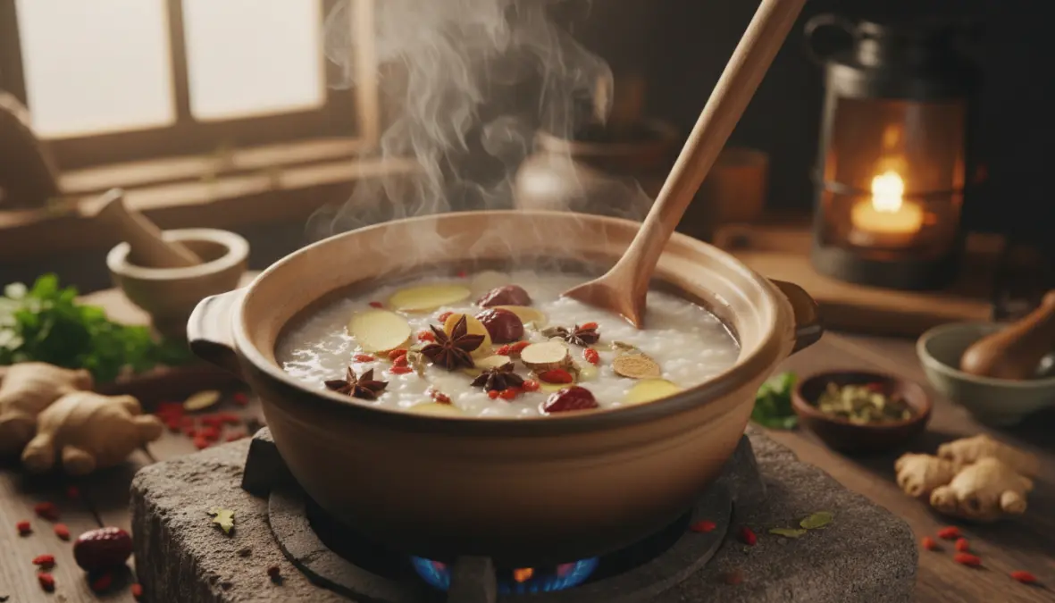 Therapeutic rice porridge with medicinal ingredients showing rice porridge healing properties