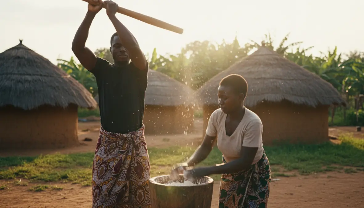 Traditional fufu preparation method showing pounding technique with mortar and pestle in West African village