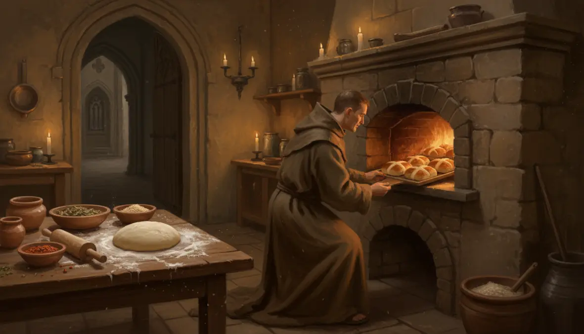 Medieval monk baking hot cross buns in monastery showing the Good Friday baking tradition origins