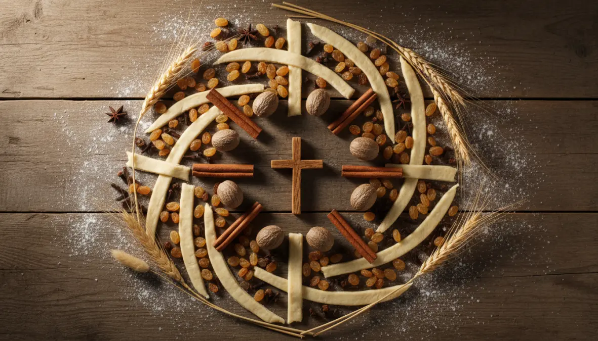 Easter spices cinnamon and nutmeg with hot cross bun ingredients showing traditional symbolism