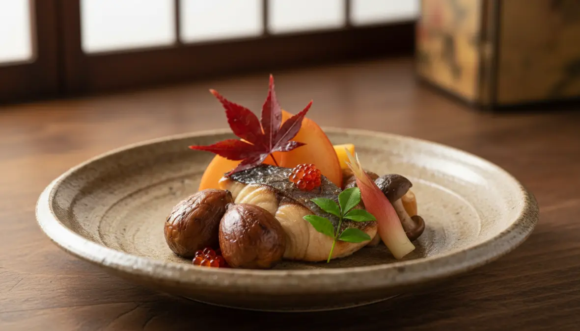 Seasonal kaiseki course featuring traditional hassun presentation with autumn ingredients