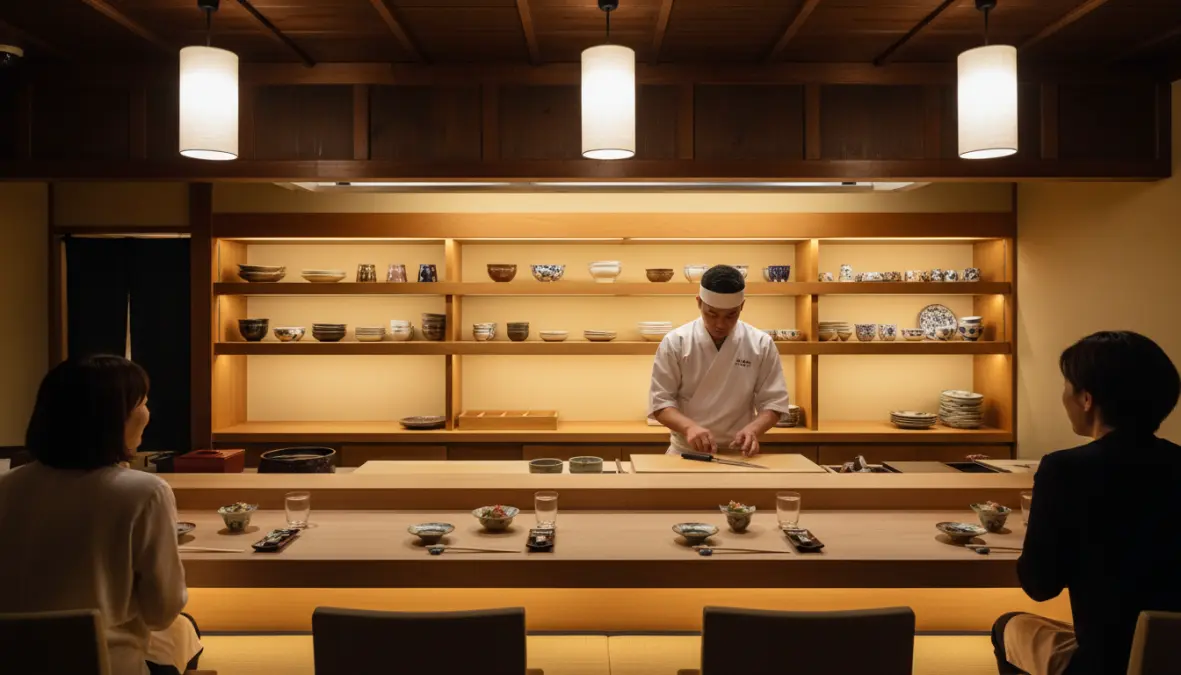 Traditional kaiseki restaurant interior with chef counter and authentic Japanese dining atmosphere