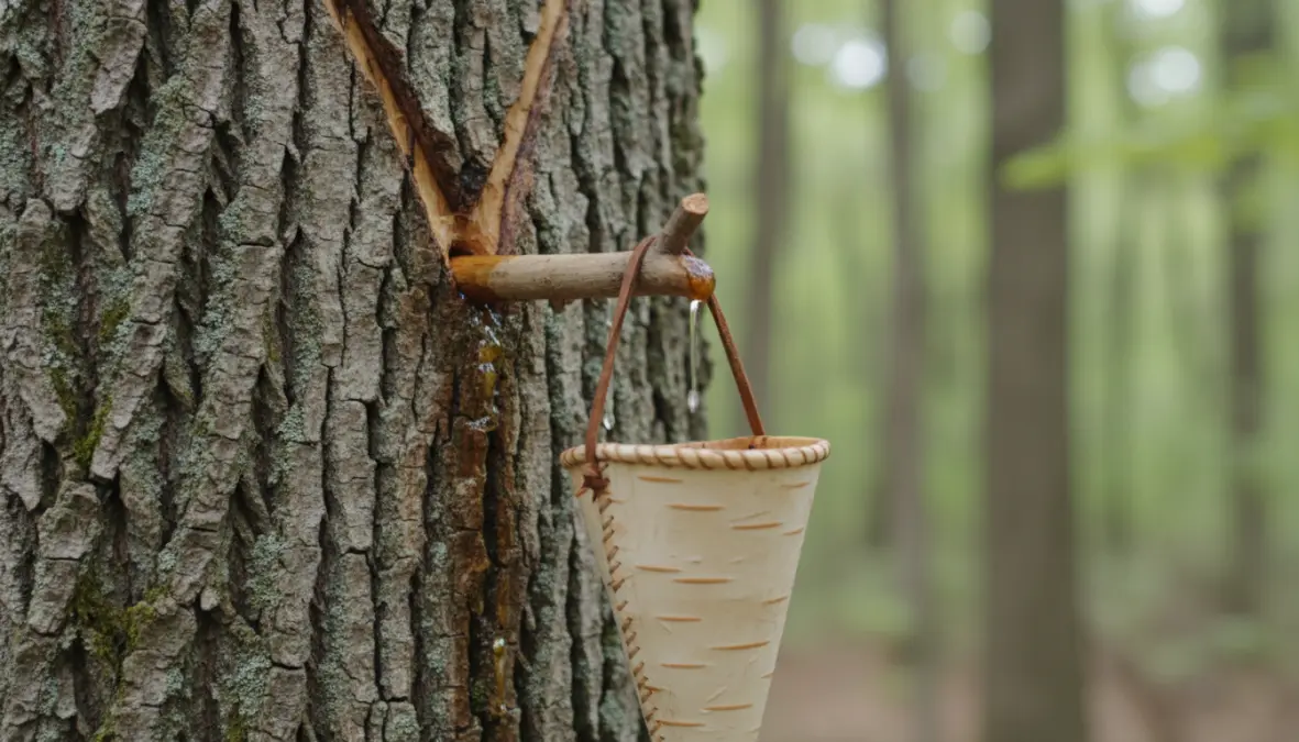 Traditional First Nations maple tapping method using birch bark containers and wooden taps for sap collection