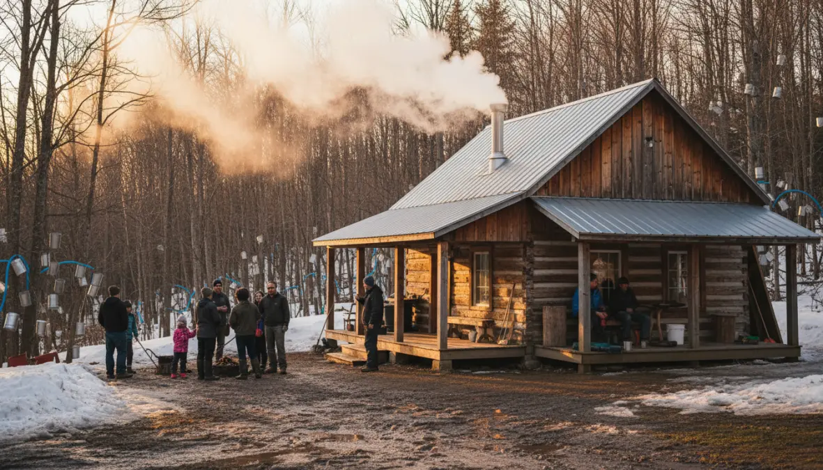 Traditional Quebec sugar shack during maple syrup season with steam rising and community gathering for seasonal harvest rituals