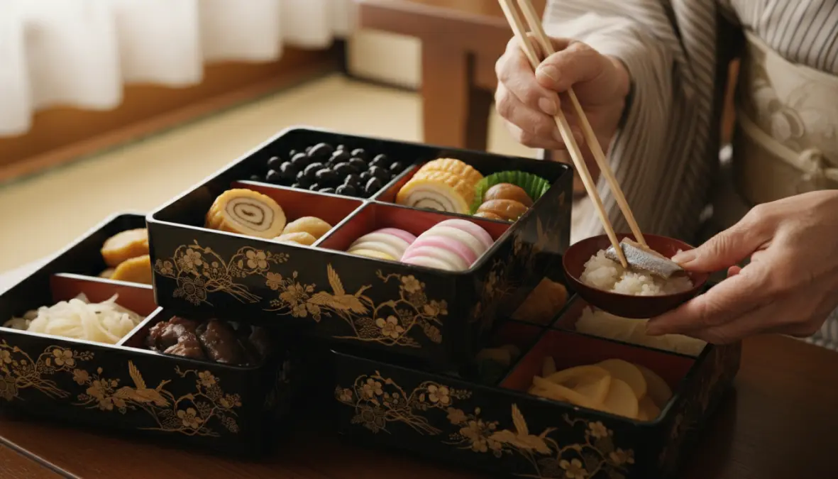 Jubako lacquered boxes containing traditional osechi ryori dishes being carefully arranged for Japanese New Year celebration